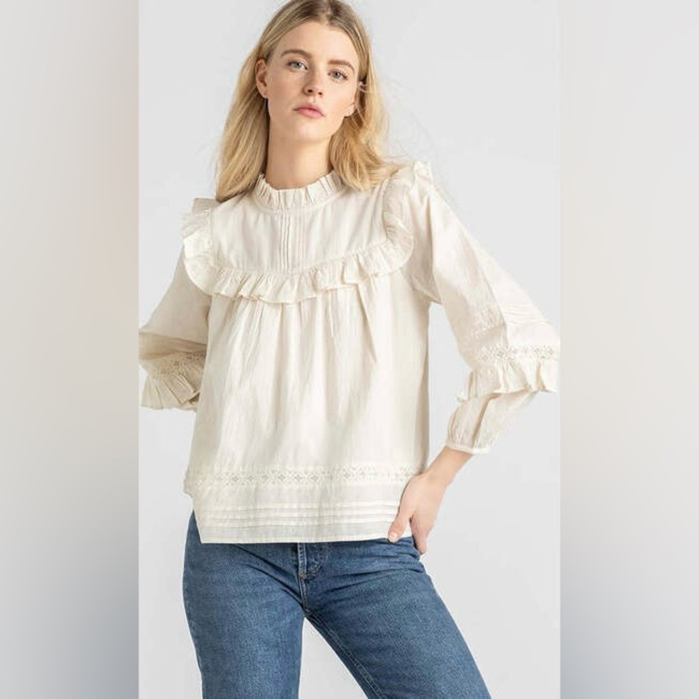 PINK CHICKEN Mira Ruffle Neck Long Sleeve Pintuck Lace Top Antique White Medium